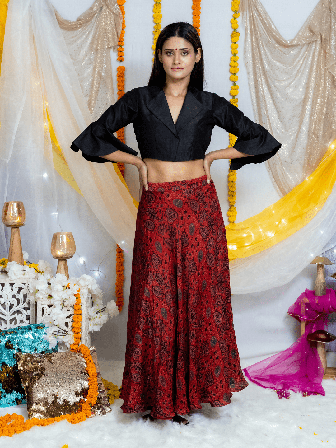 Black Blouse with Red Ajrakh Handblock Printed Modal Silk Skirt