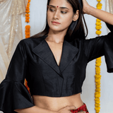 Black Blouse with Red Ajrakh Handblock Printed Modal Silk Skirt