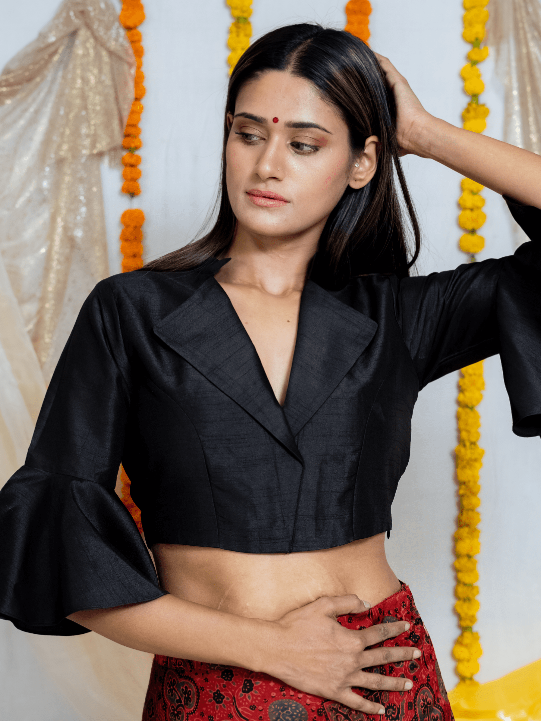 Black Blouse with Red Ajrakh Handblock Printed Modal Silk Skirt