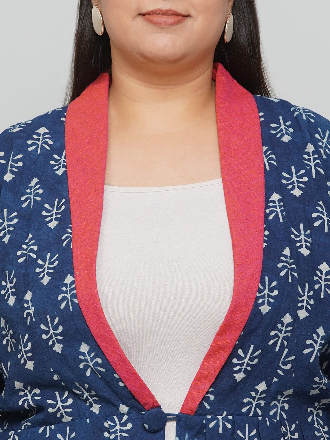 Indigo Handblock Print Peplum Jacket with Pink Collar -