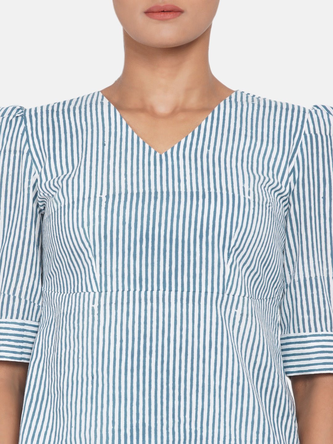 Blue Stripe Handblock Printed Cotton Top -