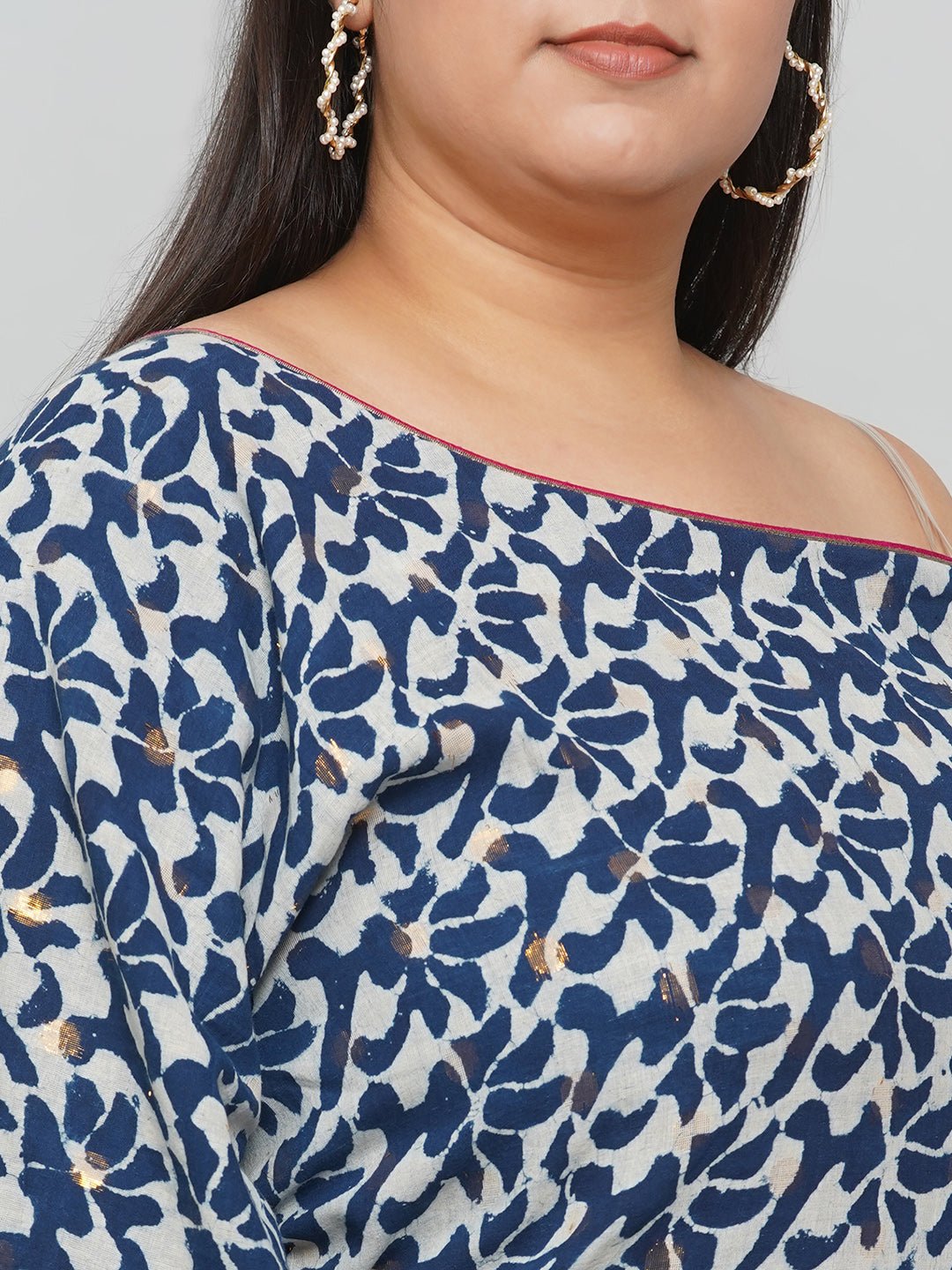 Indigo Handblock printed One Shoulder Kaftan Maxi Dress -Clothing
