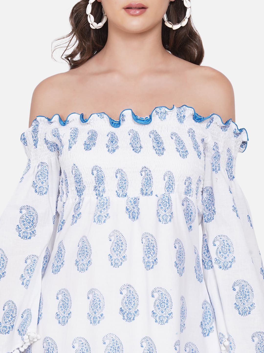 White Sanganeri Paisley Handblock Printed  Off Shoulder Cotton Dress