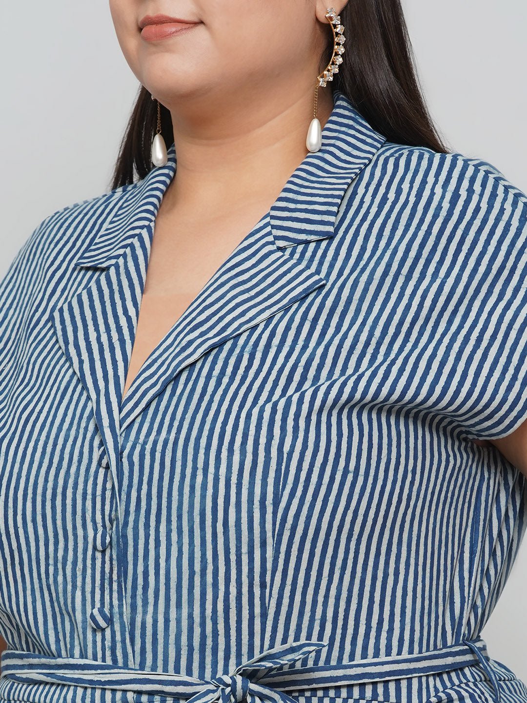 Indigo Handblock Printed Stripe Cotton Jumpsuit -Clothing
