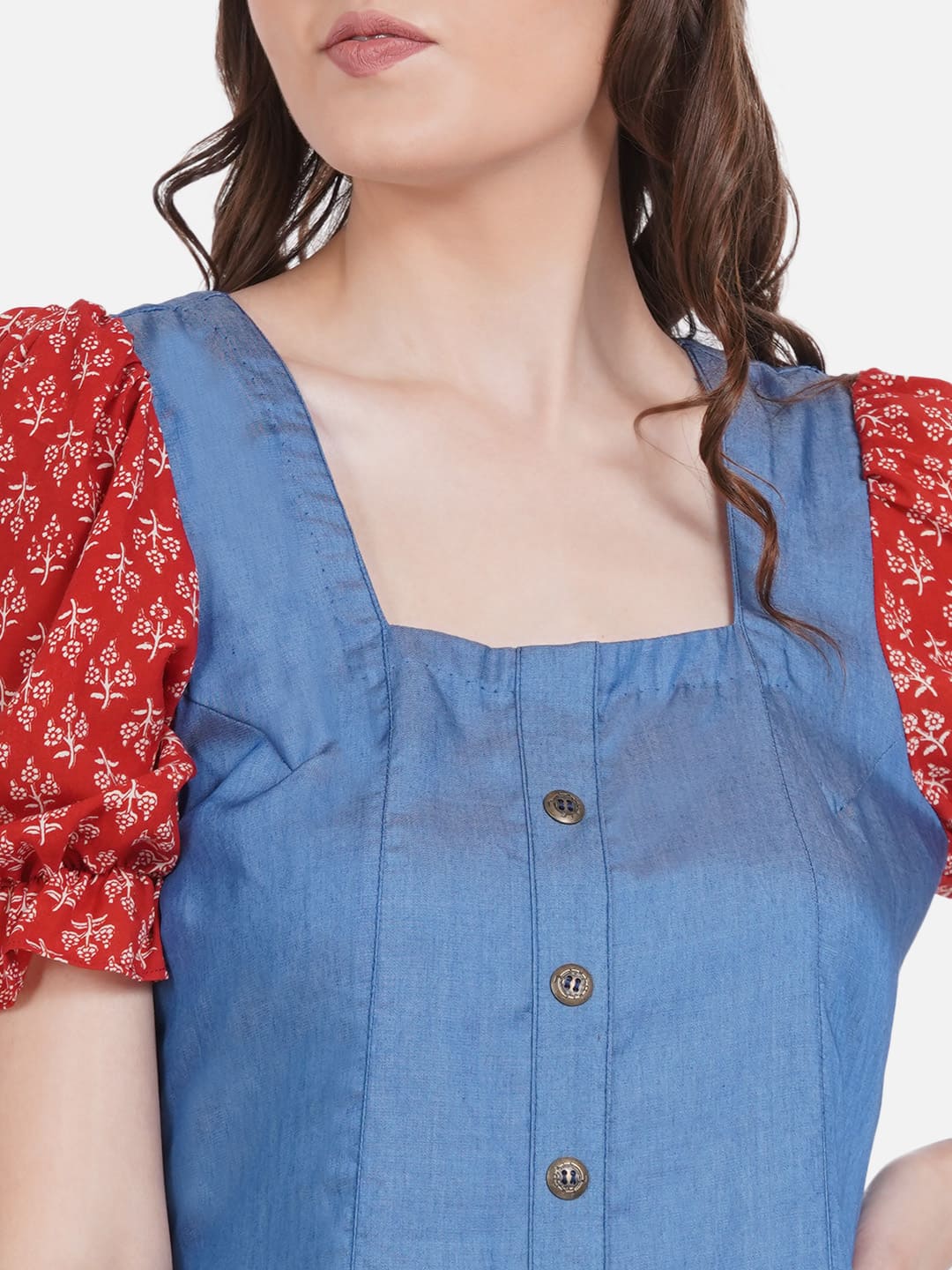 Denim Dress with Bagru Handblock Printed Sleeves