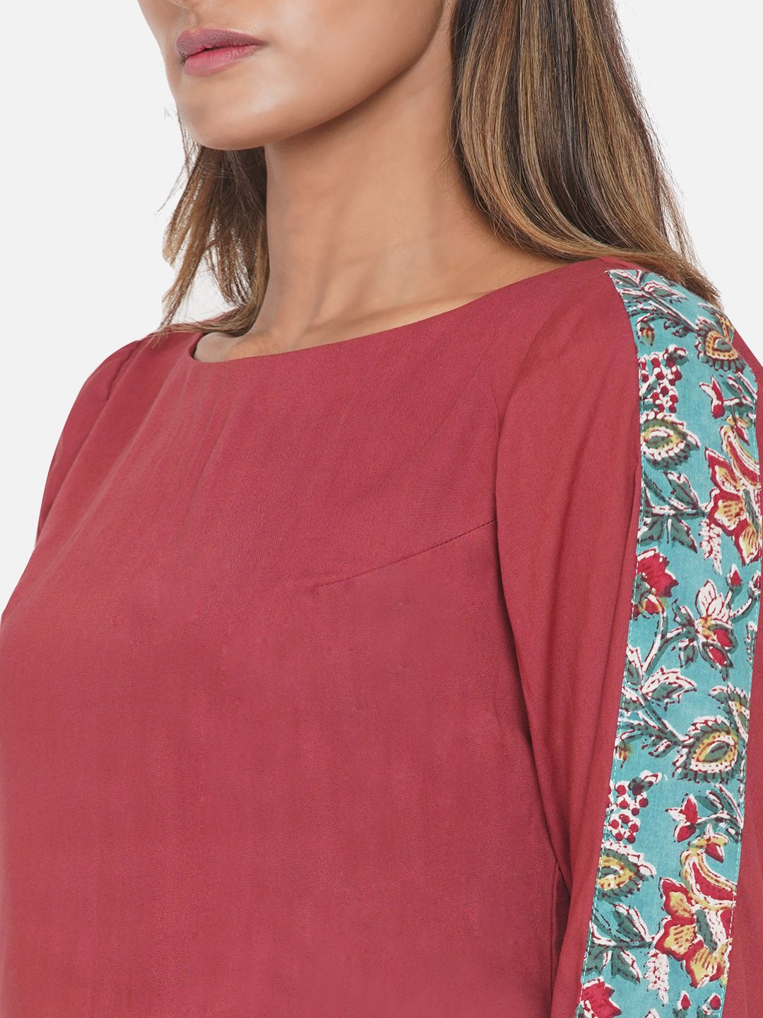 Red Jogger style co-ord set with Sanganeri Handwork print sleeves -