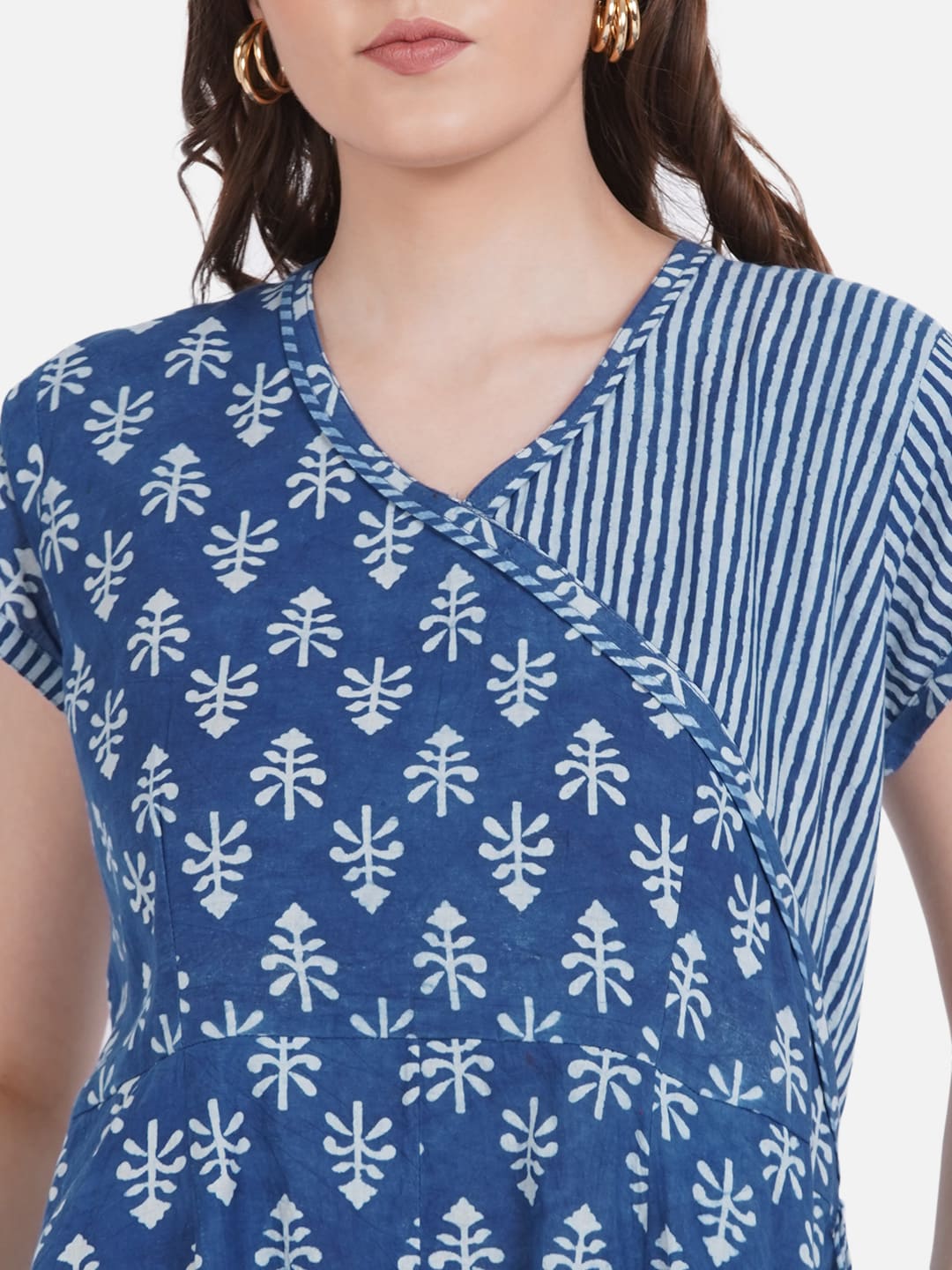 Indigo Dabu Handblock Printed Angrakha Style Cotton Jumpsuit