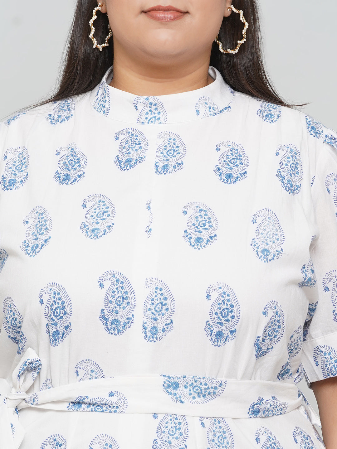 White Cotton Dress with Blue Handblock Printed Paisley