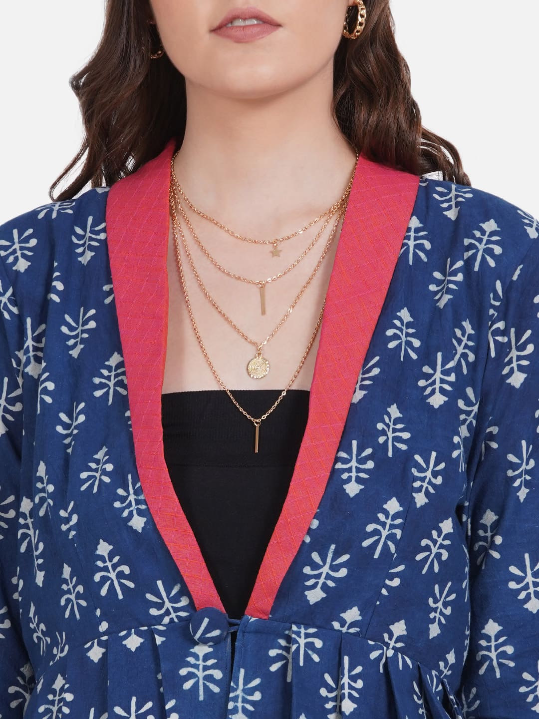 Indigo Handblock Print Peplum Jacket with Pink Collar