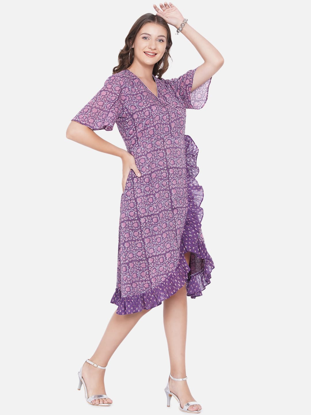 Purple Sanganeri Handblock Printed Wrap Style Cotton Dress