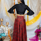 Black Blouse with Red Ajrakh Handblock Printed Modal Silk Skirt