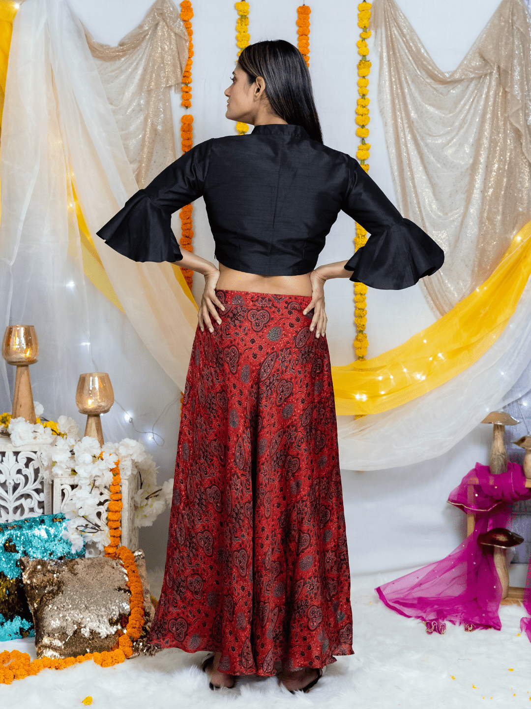 Black Blouse with Red Ajrakh Handblock Printed Modal Silk Skirt