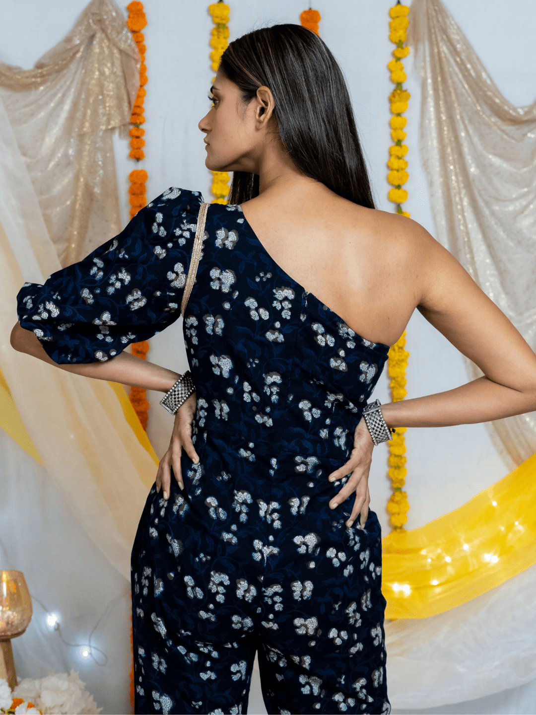 Black Indigo Bagru Handblock printed One Shoulder Cotton Jumpsuit
