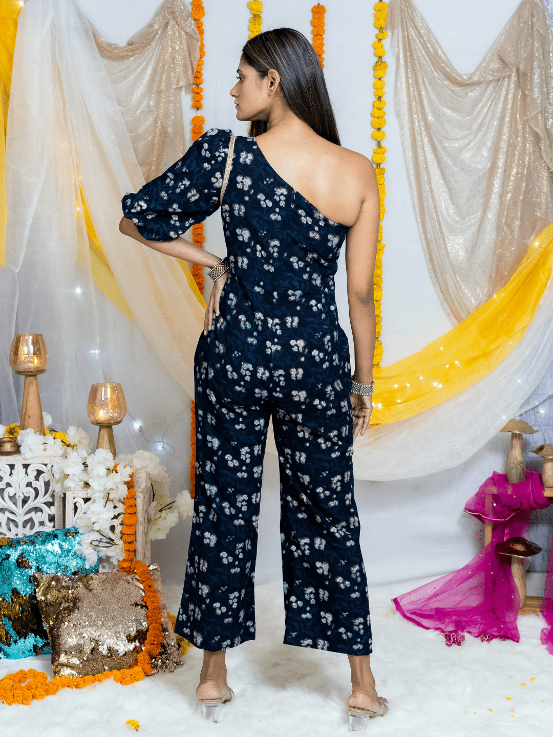 Black Indigo Bagru Handblock printed One Shoulder Cotton Jumpsuit