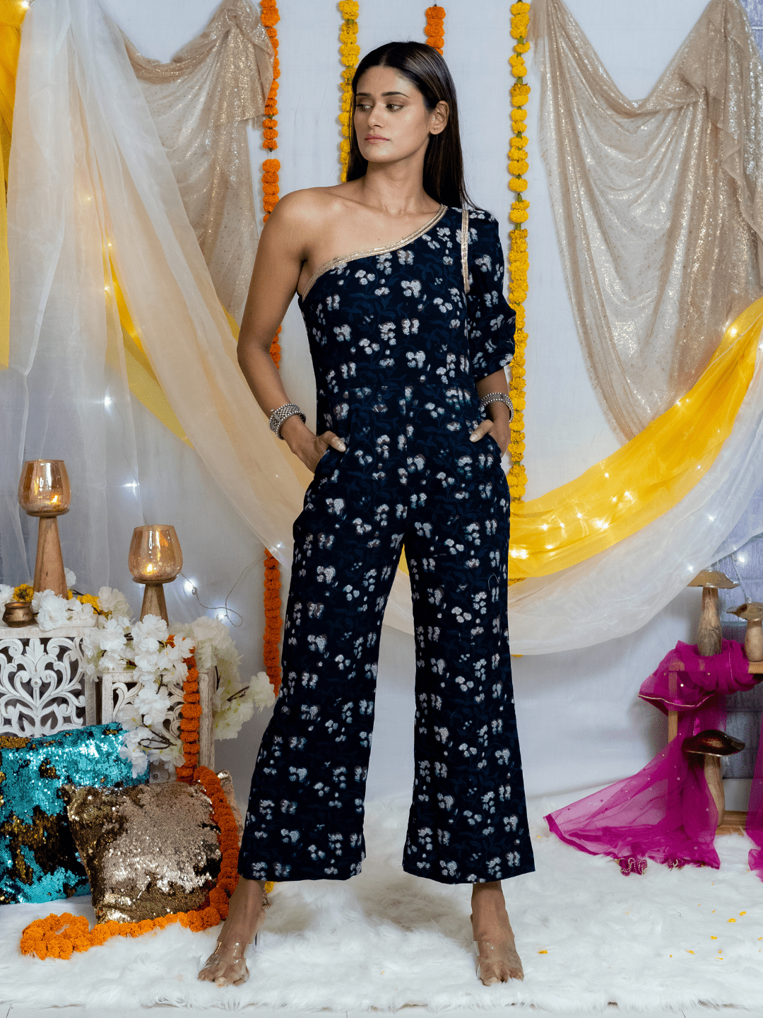 Black Indigo Bagru Handblock printed One Shoulder Cotton Jumpsuit