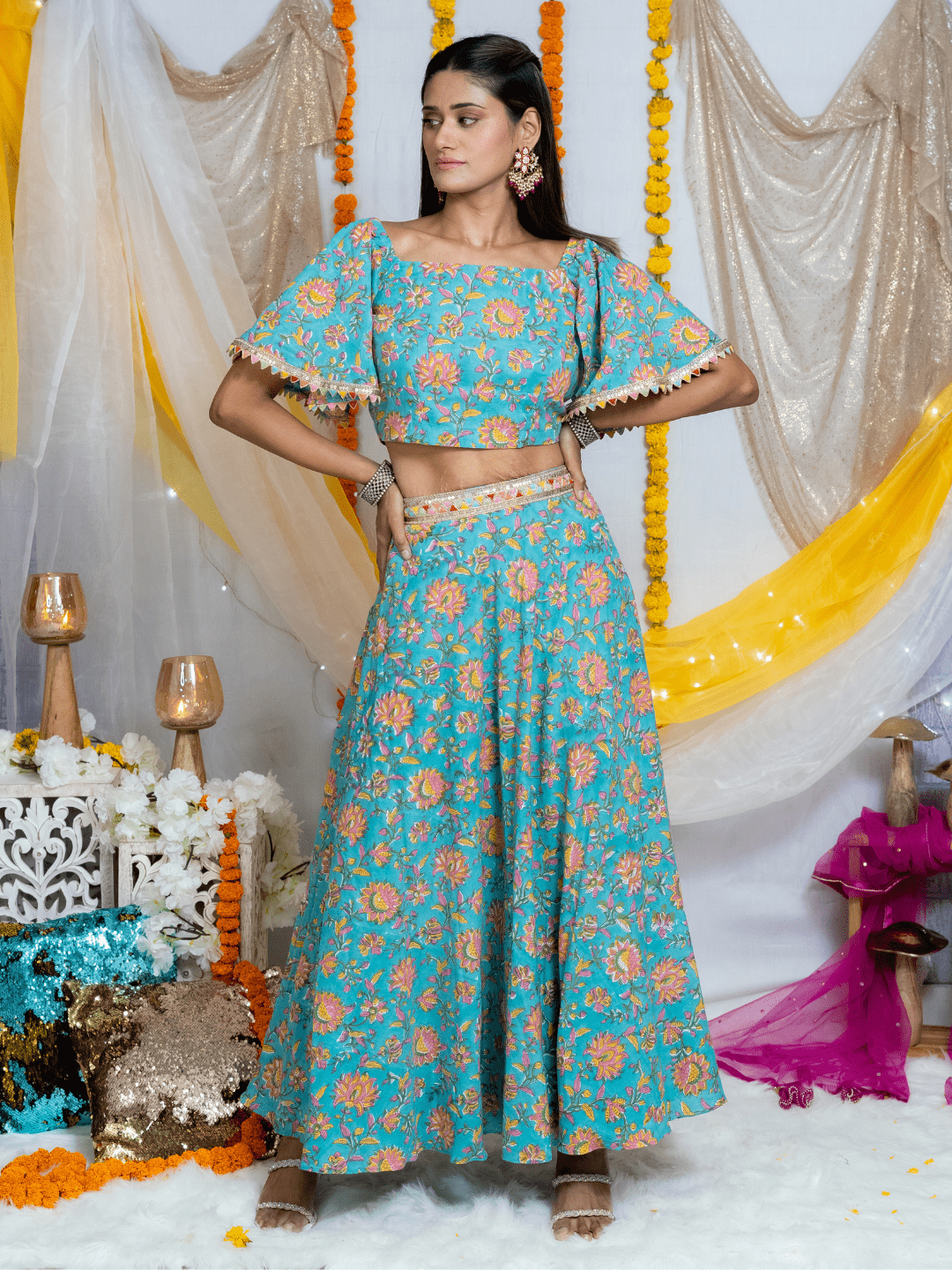 Blue Sanganeri Handblock Printed Butterfly Sleeves Lehenga Choli