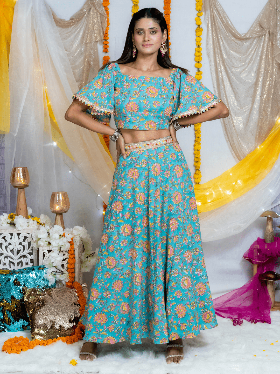 Blue Sanganeri Handblock Printed Butterfly Sleeves Lehenga Choli