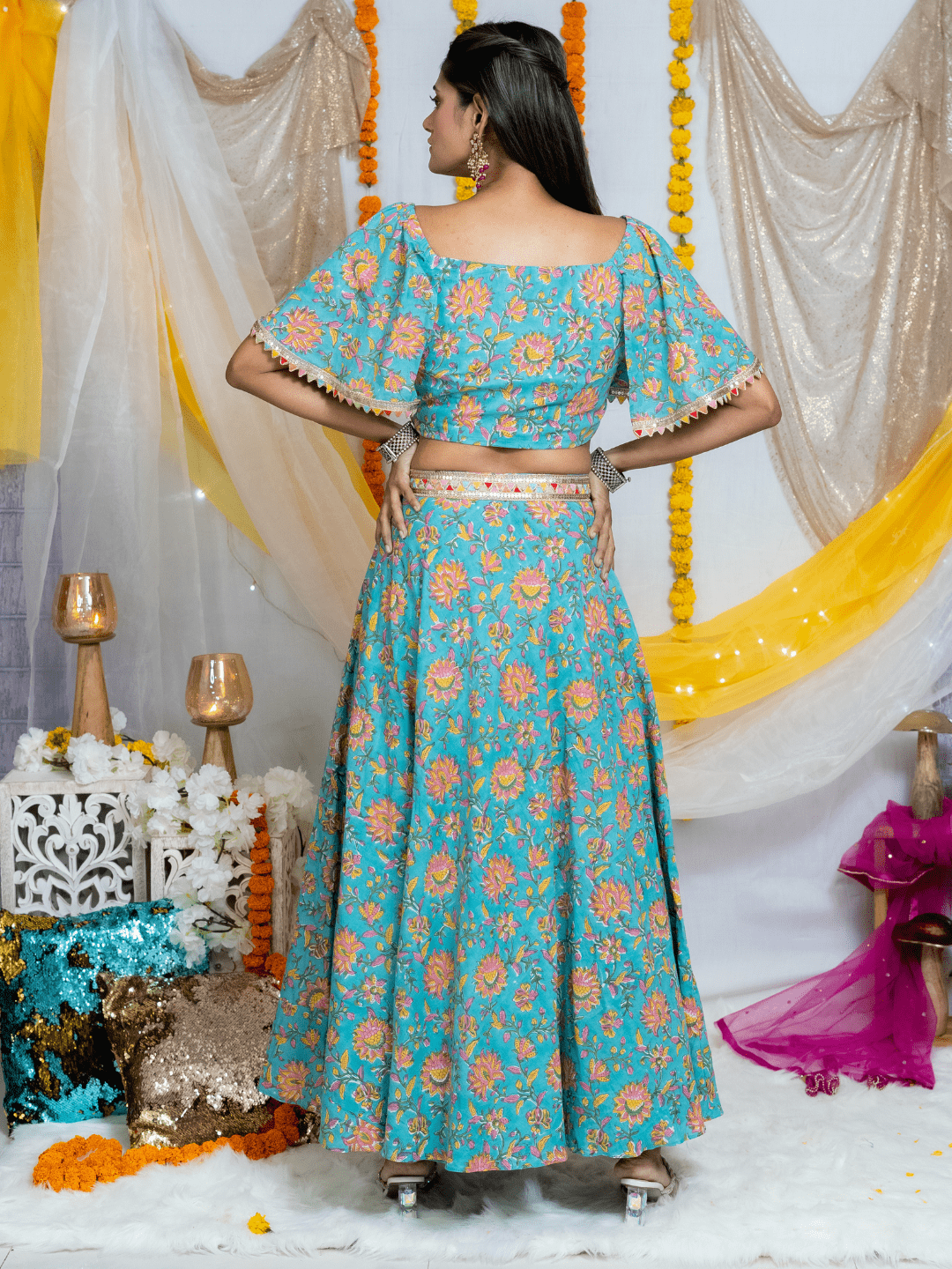 Blue Sanganeri Handblock Printed Butterfly Sleeves Lehenga Choli