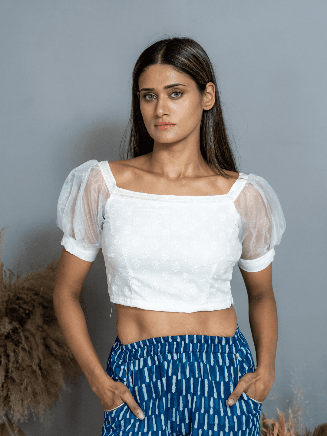 Sanganeri Hand block Crop Top with Organza Sleeves -blouse