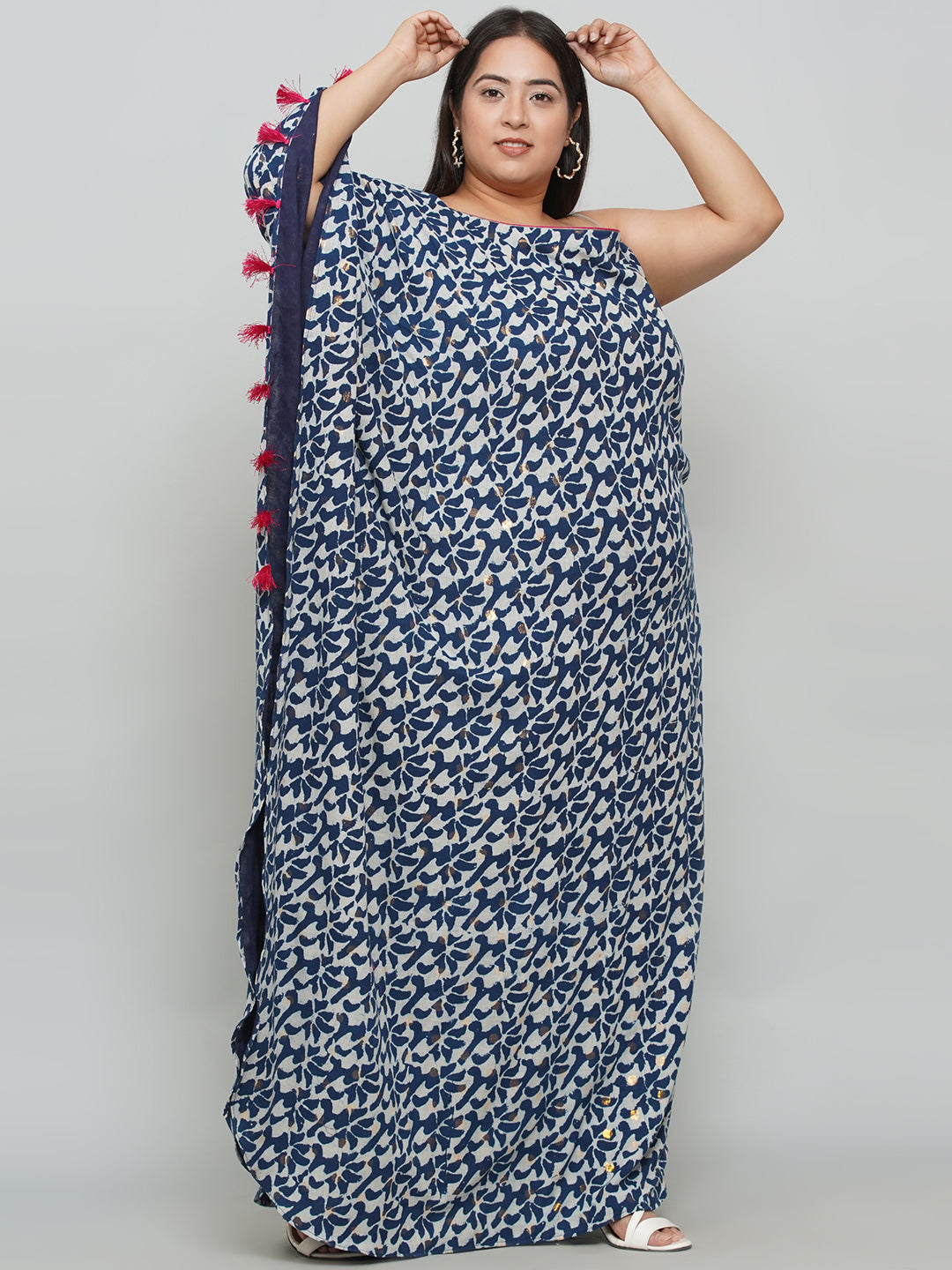 Indigo Handblock printed One Shoulder Kaftan Maxi Dress