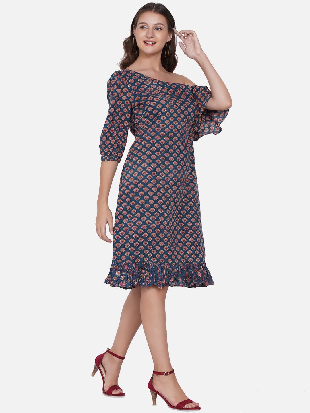 Sea Green Sanganeri Handblock printed Two Sleeves Dress