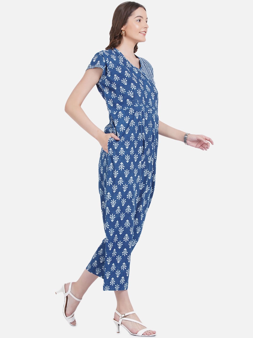 Indigo Dabu Handblock Printed Angrakha Style Cotton Jumpsuit