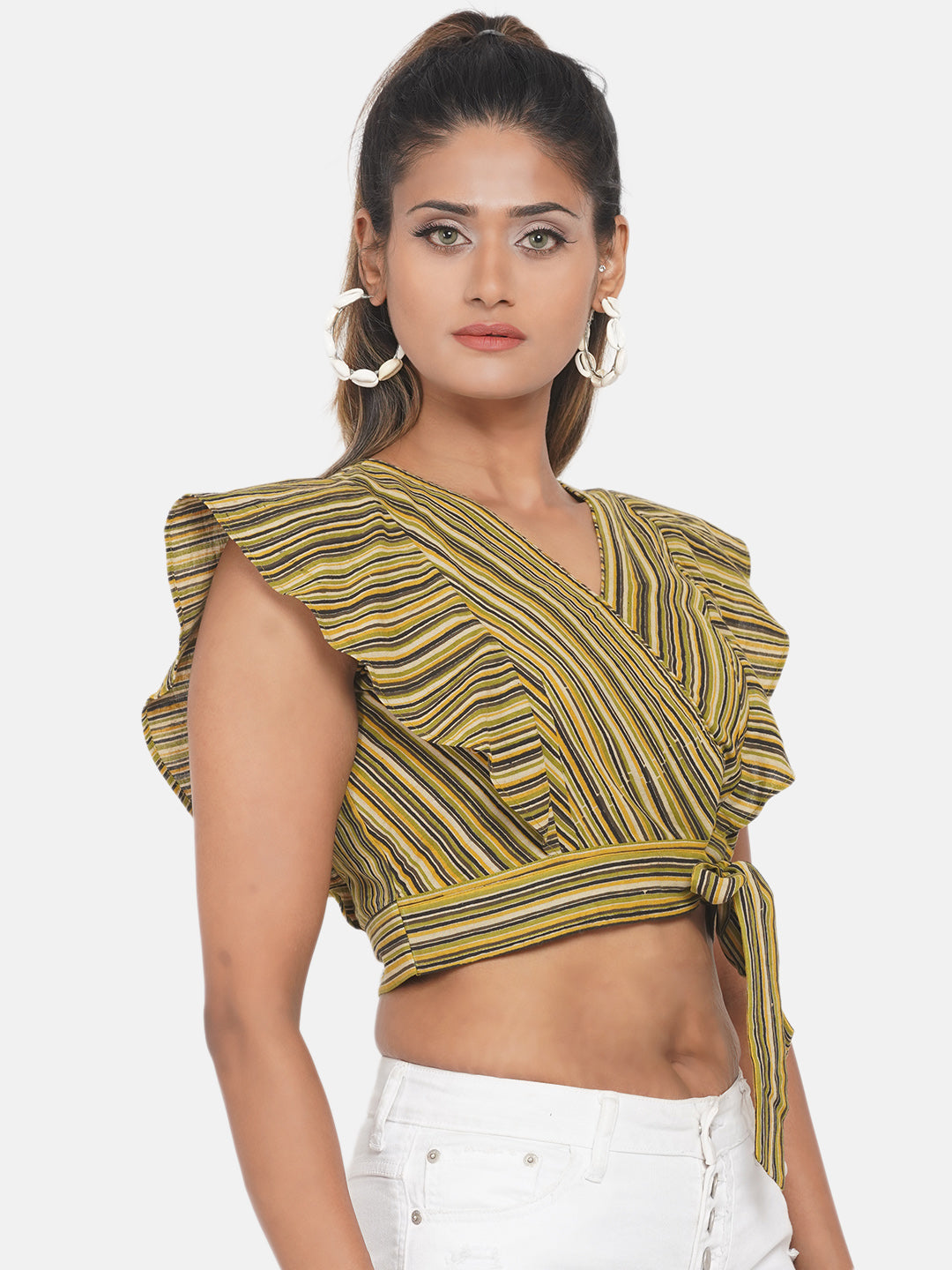 Olive Dabu Handblock Printed Stripe Cotton Top