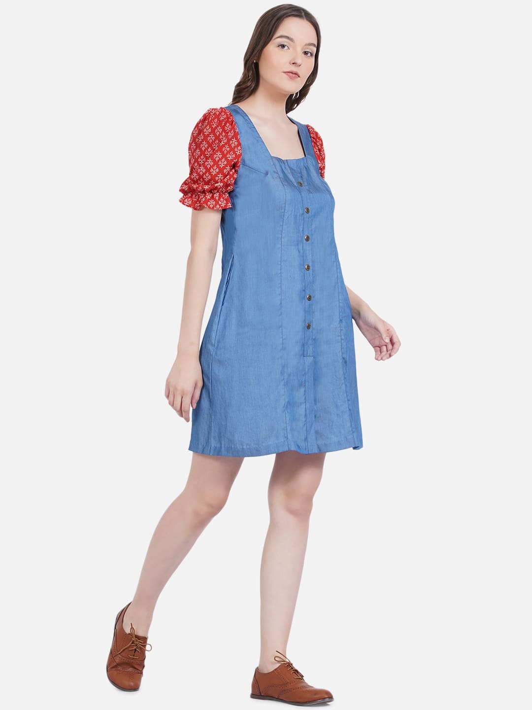Denim Dress with Bagru Handblock Printed Sleeves