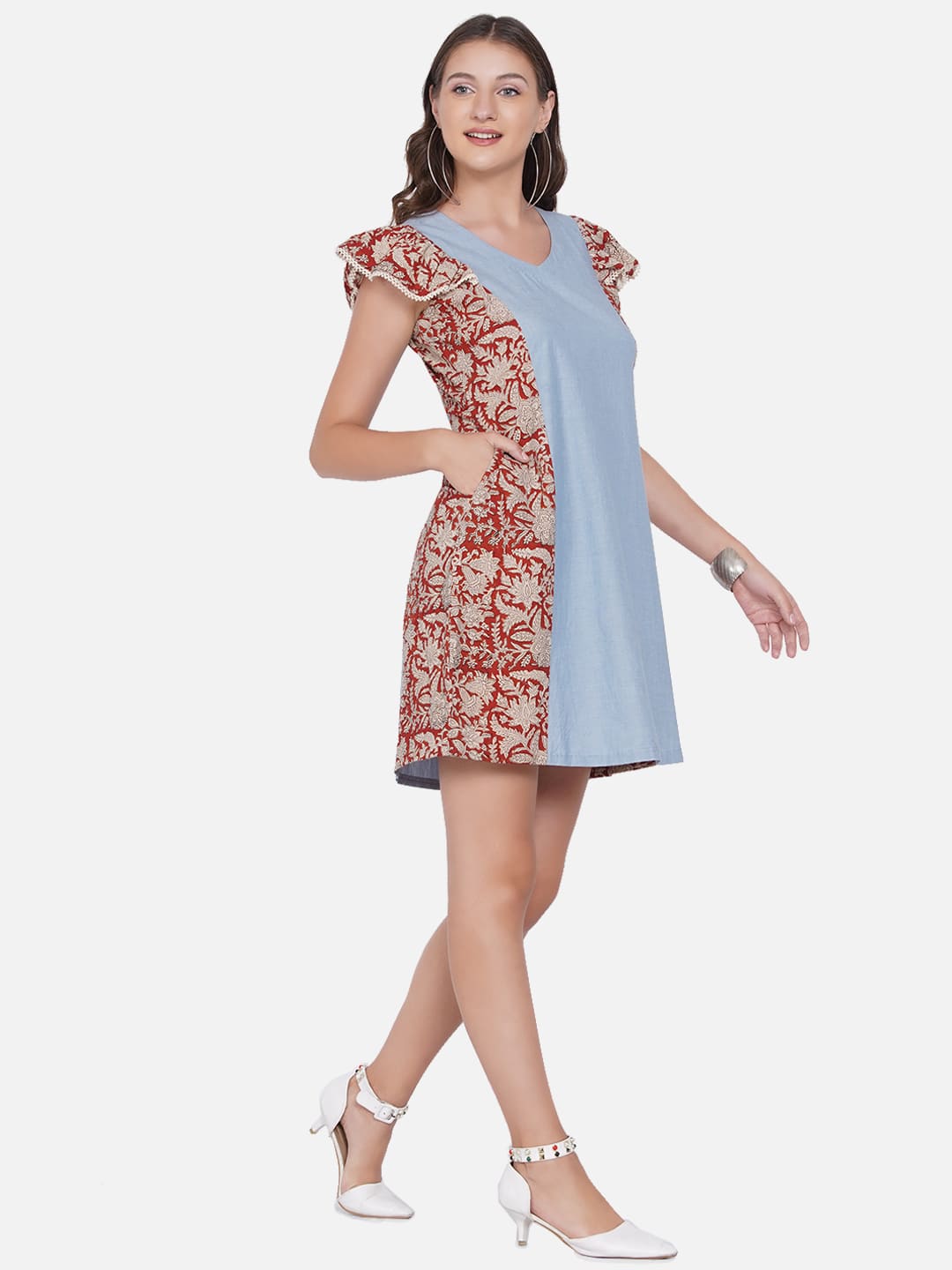 Denim Bagru Handblock Printed Prince Cut Red Dress