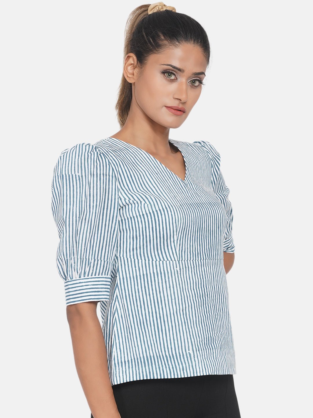 Blue Stripe Handblock Printed Cotton Top -