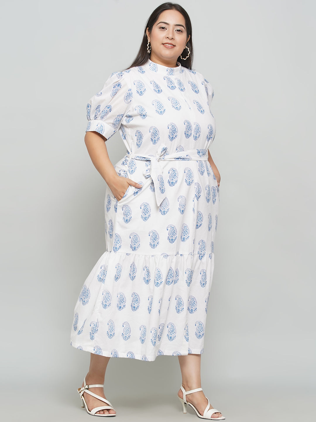 White Cotton Dress with Blue Handblock Printed Paisley