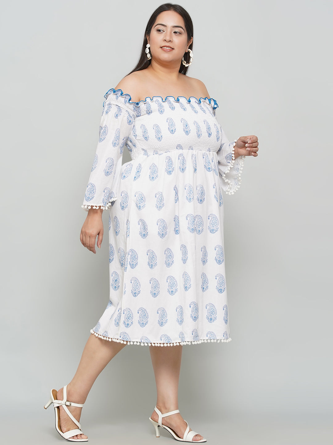 White Sanganeri Paisley Handblock Printed  Off Shoulder Cotton Dress