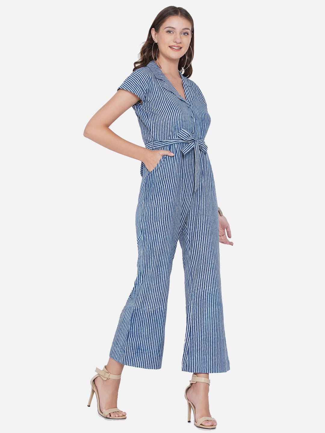 Indigo Handblock Printed Stripe Cotton Jumpsuit