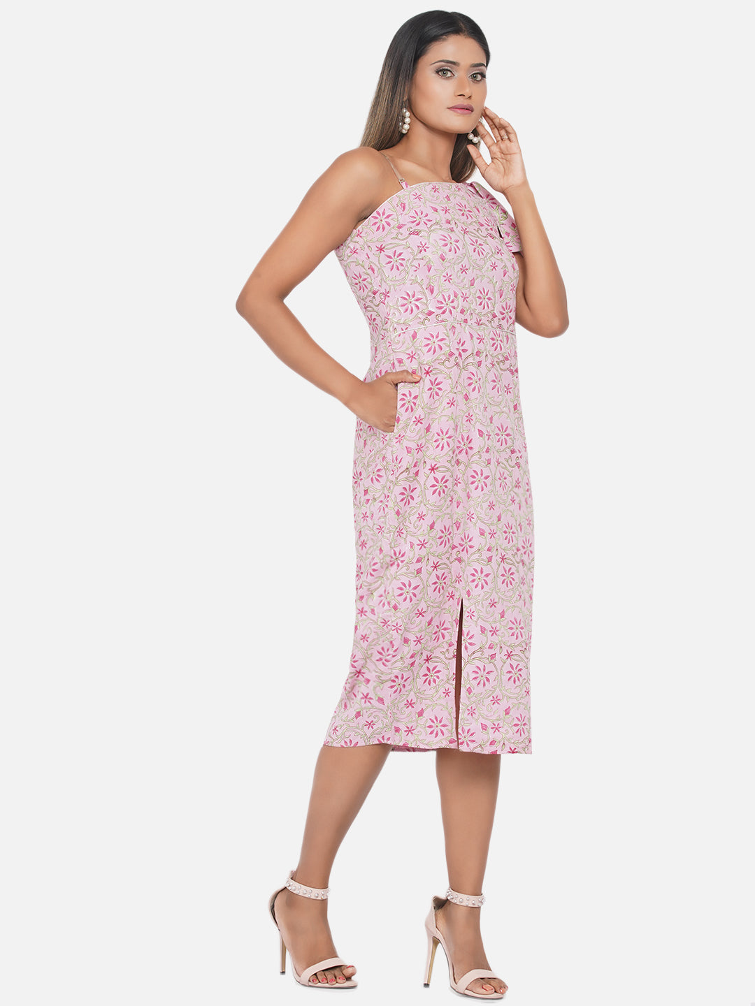Pink Sanganeri Handblock Printed One Shoulder Dress