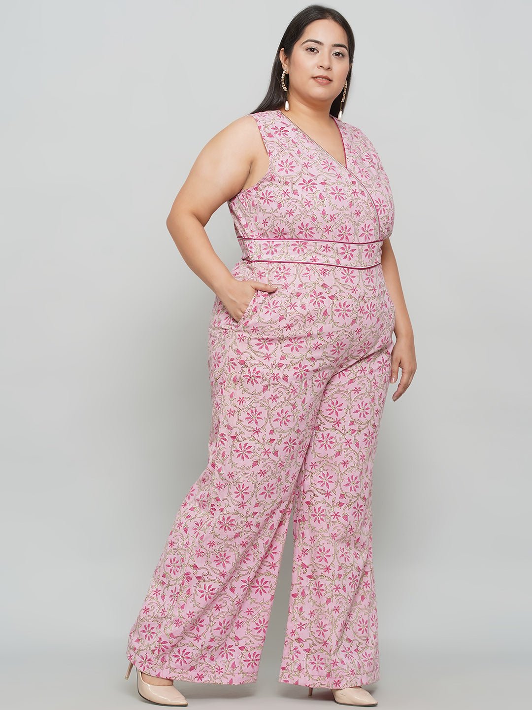 Pink Sanganeri Handblock Printed Cotton Jumpsuit -