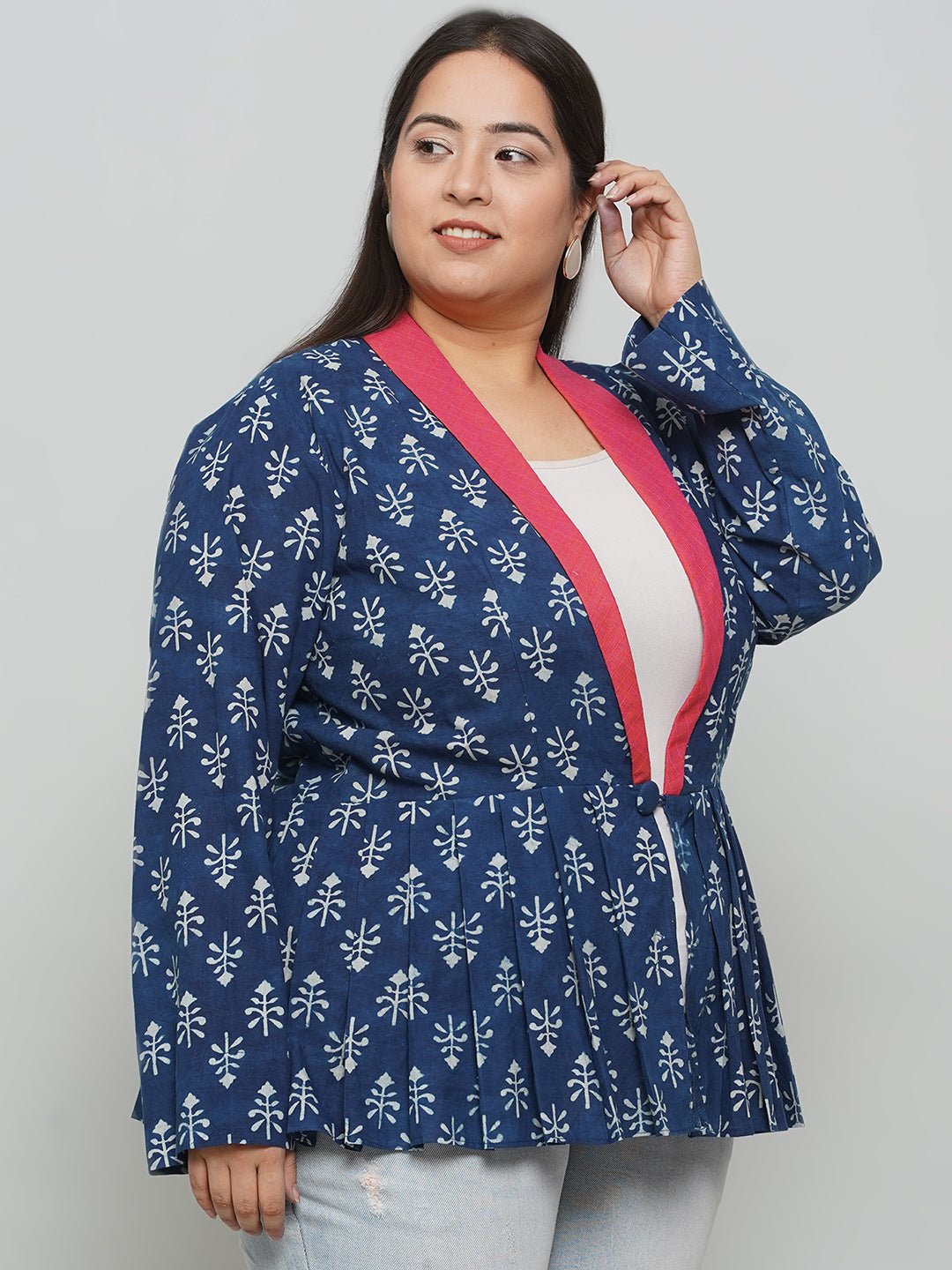 Indigo Handblock Print Peplum Jacket with Pink Collar -
