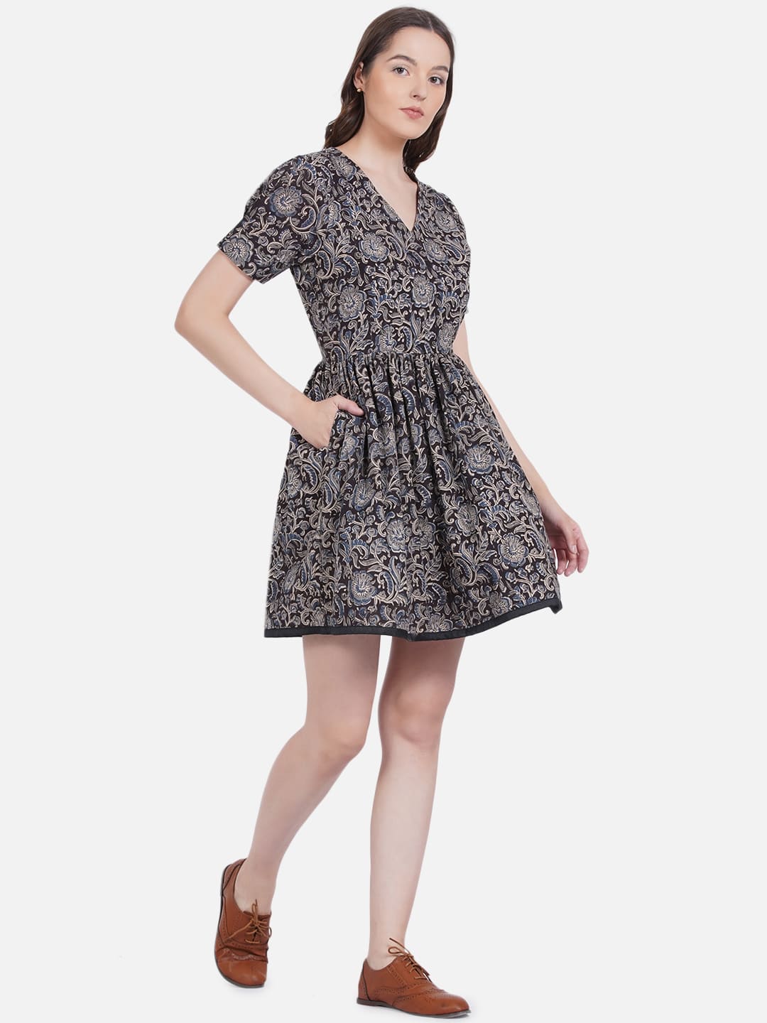 Black Kalamkari Handblock Printed Frock Style Cotton Dress
