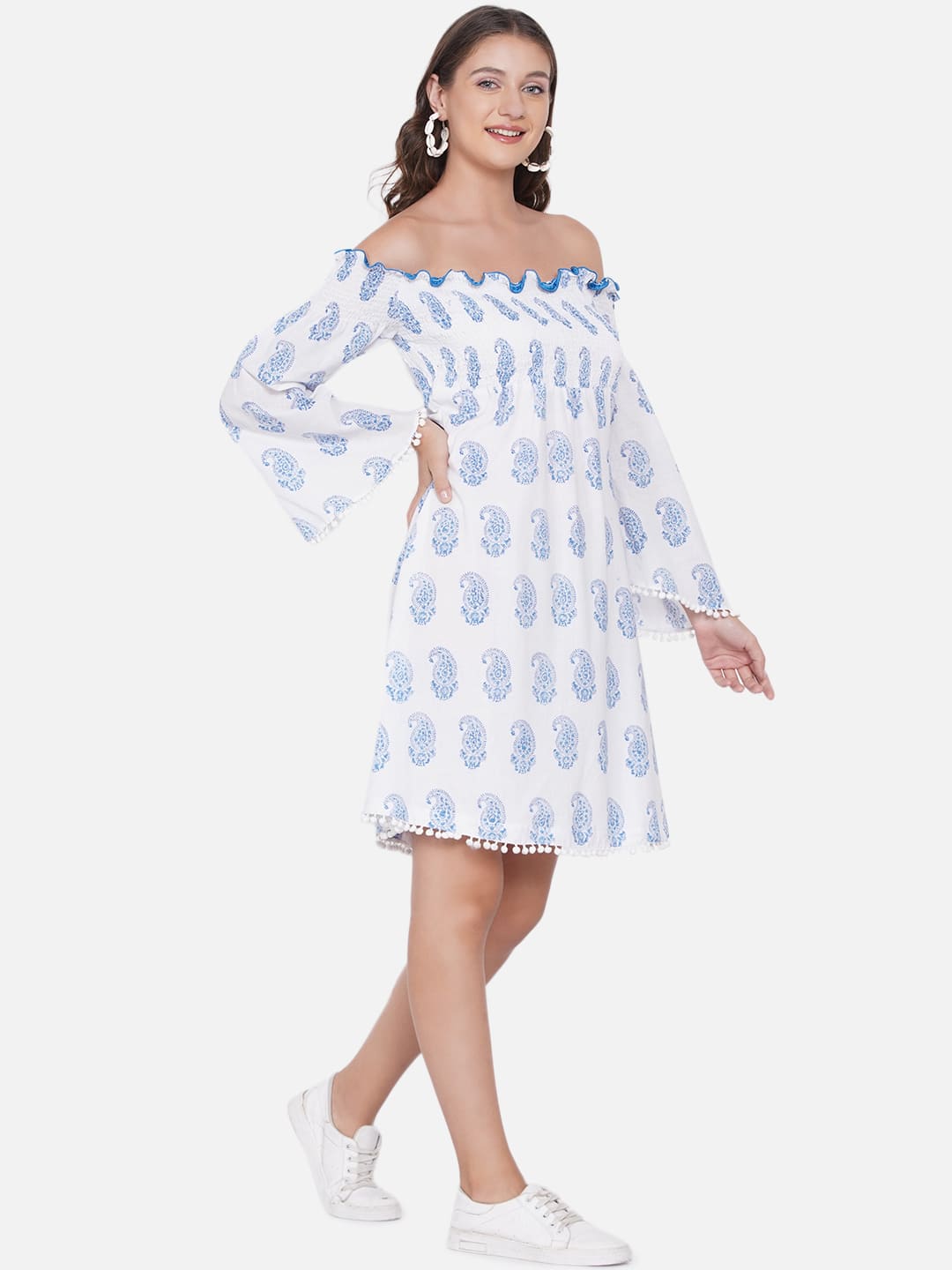 White Sanganeri Paisley Handblock Printed  Off Shoulder Cotton Dress