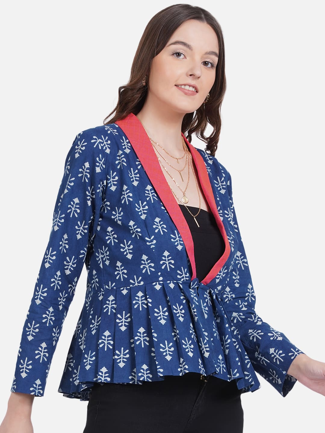 Indigo Handblock Print Peplum Jacket with Pink Collar
