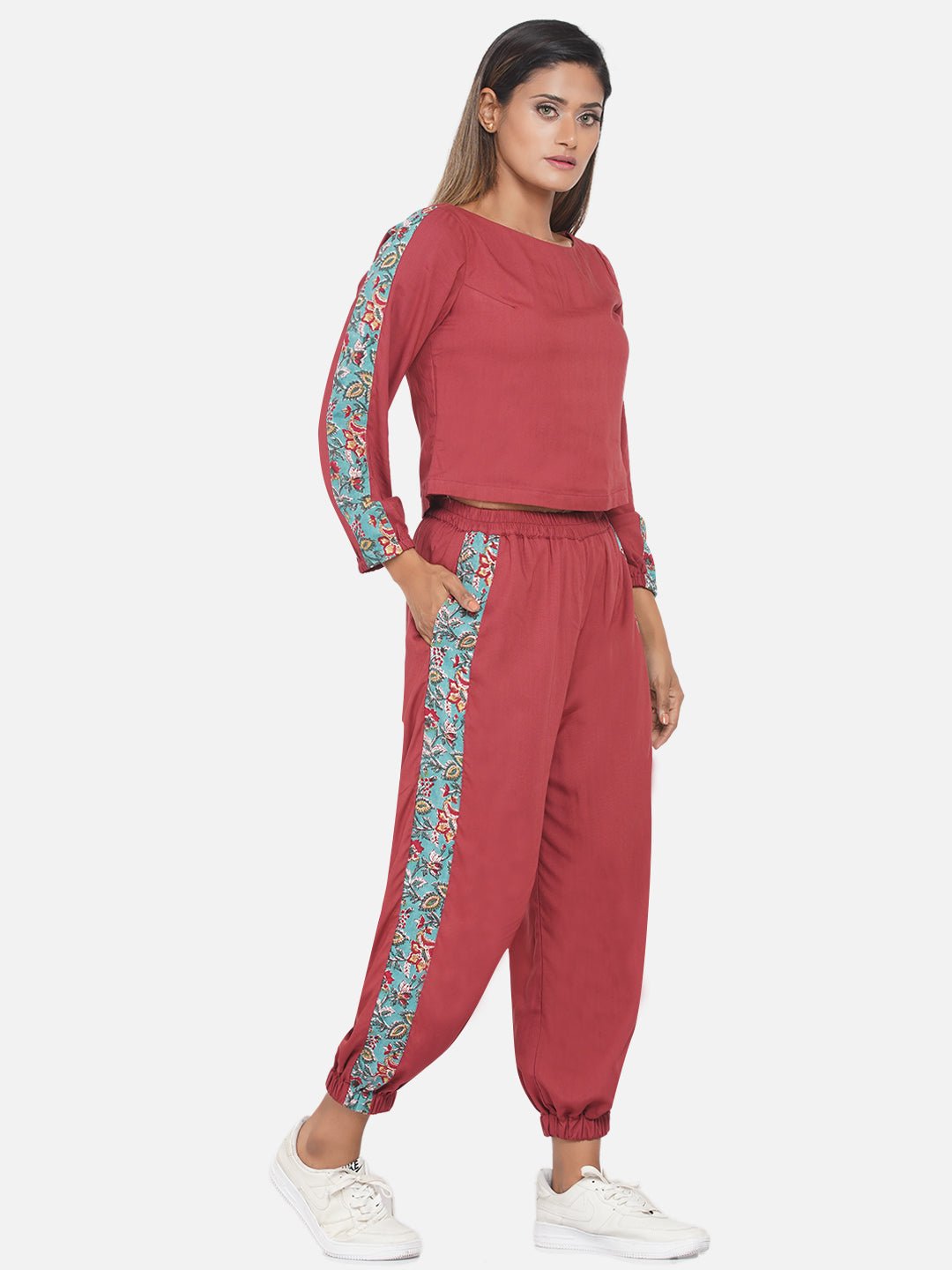 Red Jogger style co-ord set with Sanganeri Handwork print sleeves -