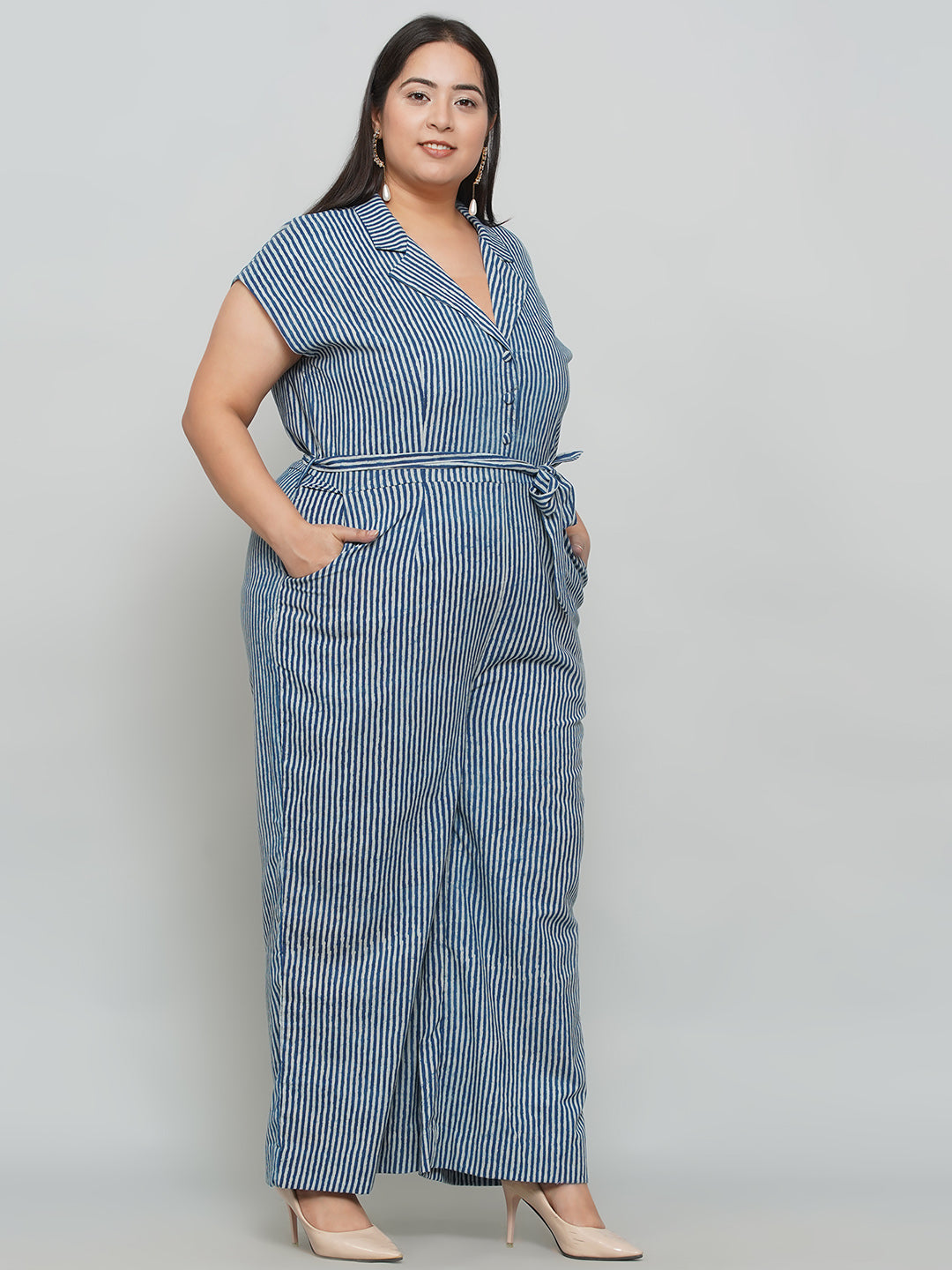 Indigo Handblock Printed Stripe Cotton Jumpsuit