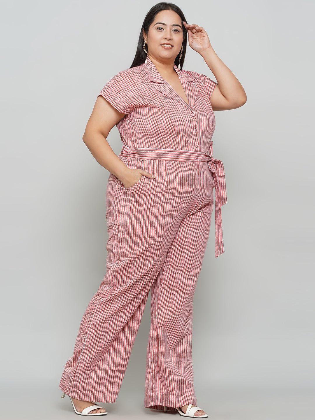 Peach Dabu Stripe Handblock Printed Cotton Jumpsuit -