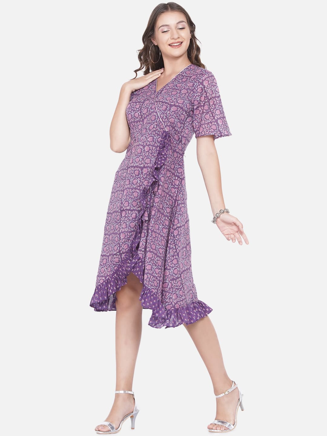 Purple Sanganeri Handblock Printed Wrap Style Cotton Dress
