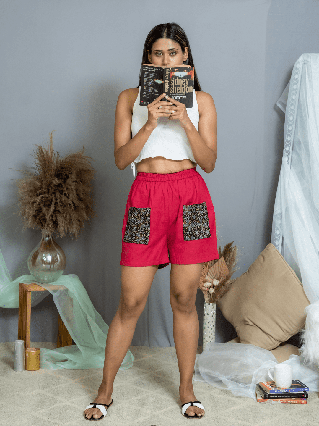 Red cotton Shorts with Ajrakh Pockets -Shorts