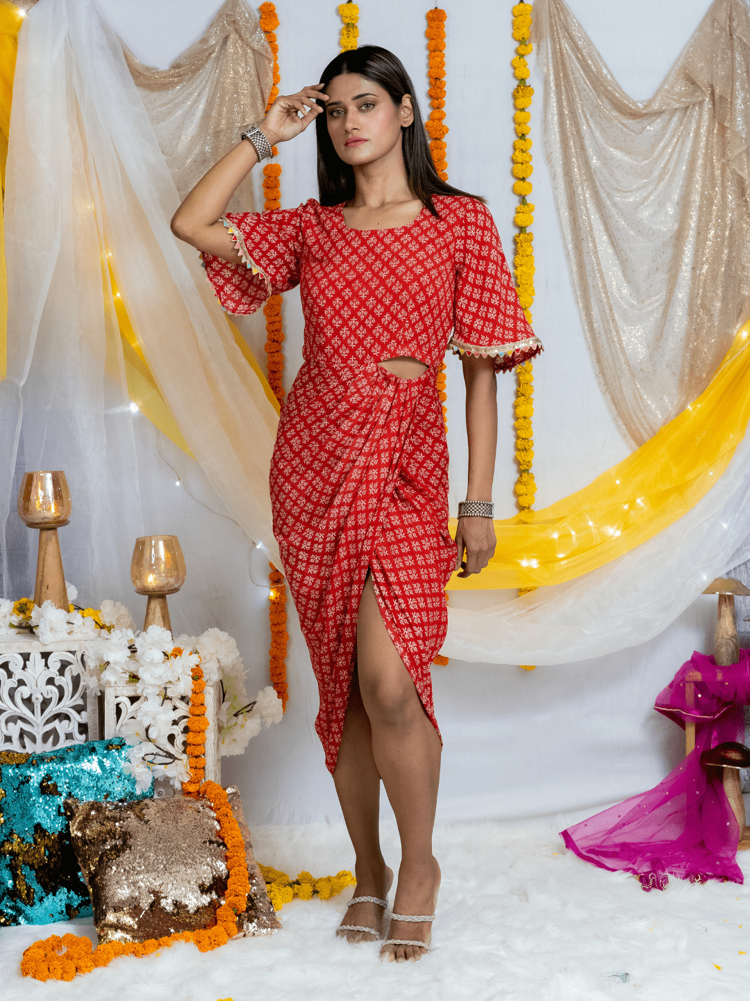 Red Bagru Handblock Printed Modal Cotton Cut Out Dress
