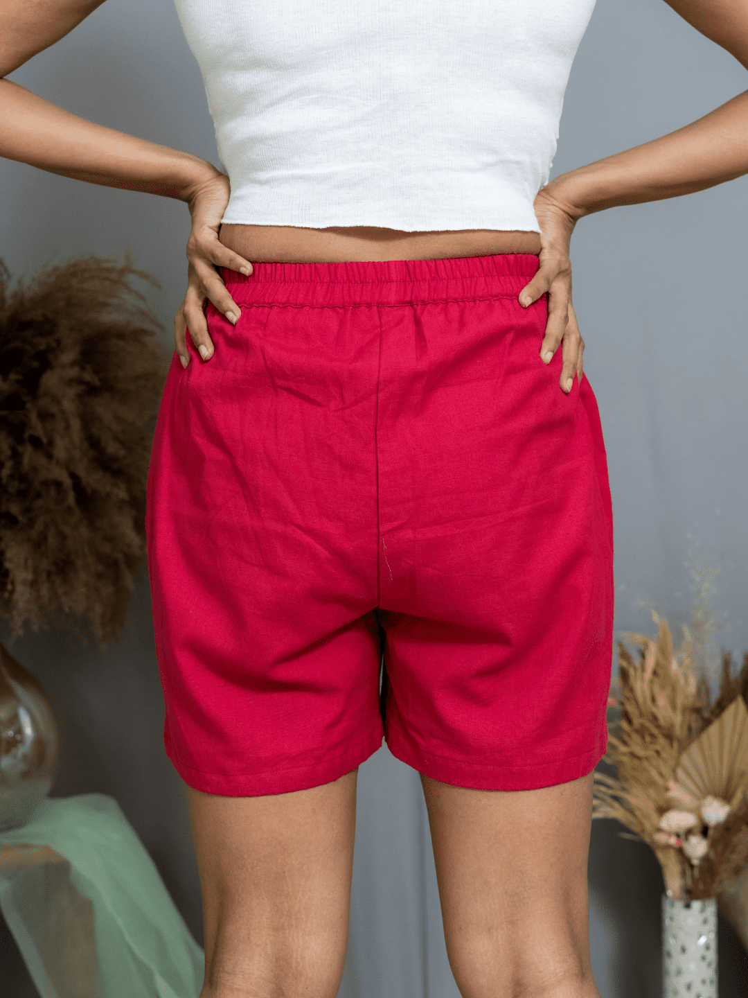 Red cotton Shorts with Ajrakh Pockets -Shorts