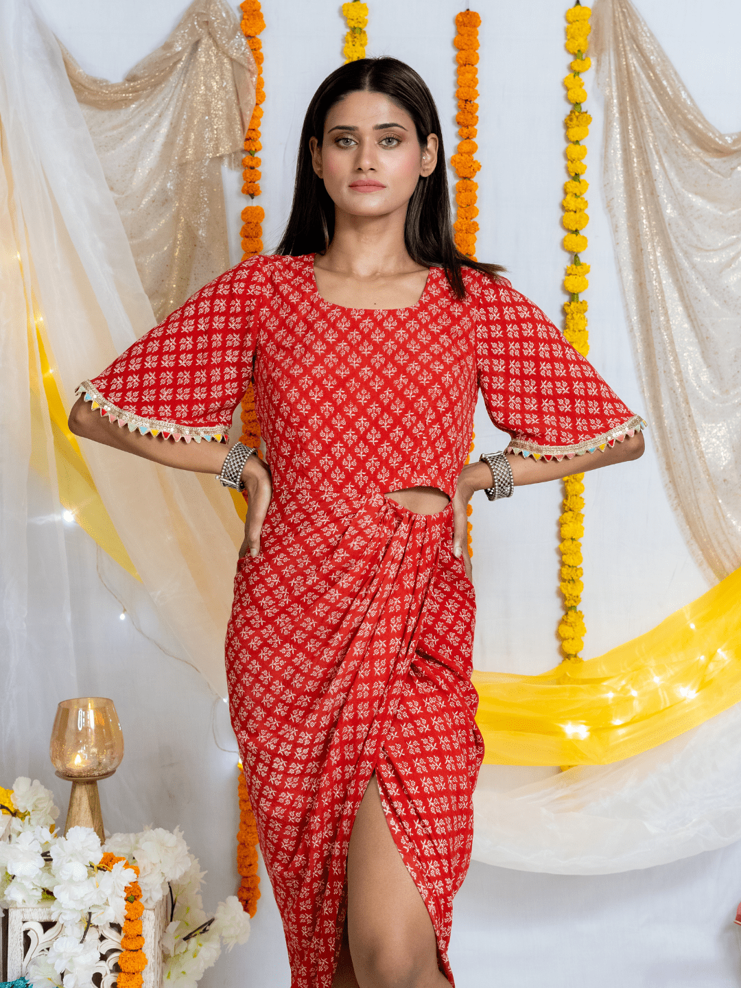 Red Bagru Handblock Printed Modal Cotton Cut Out Dress