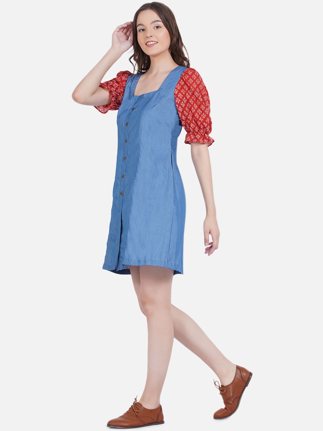 Denim Dress with Bagru Handblock Printed Sleeves