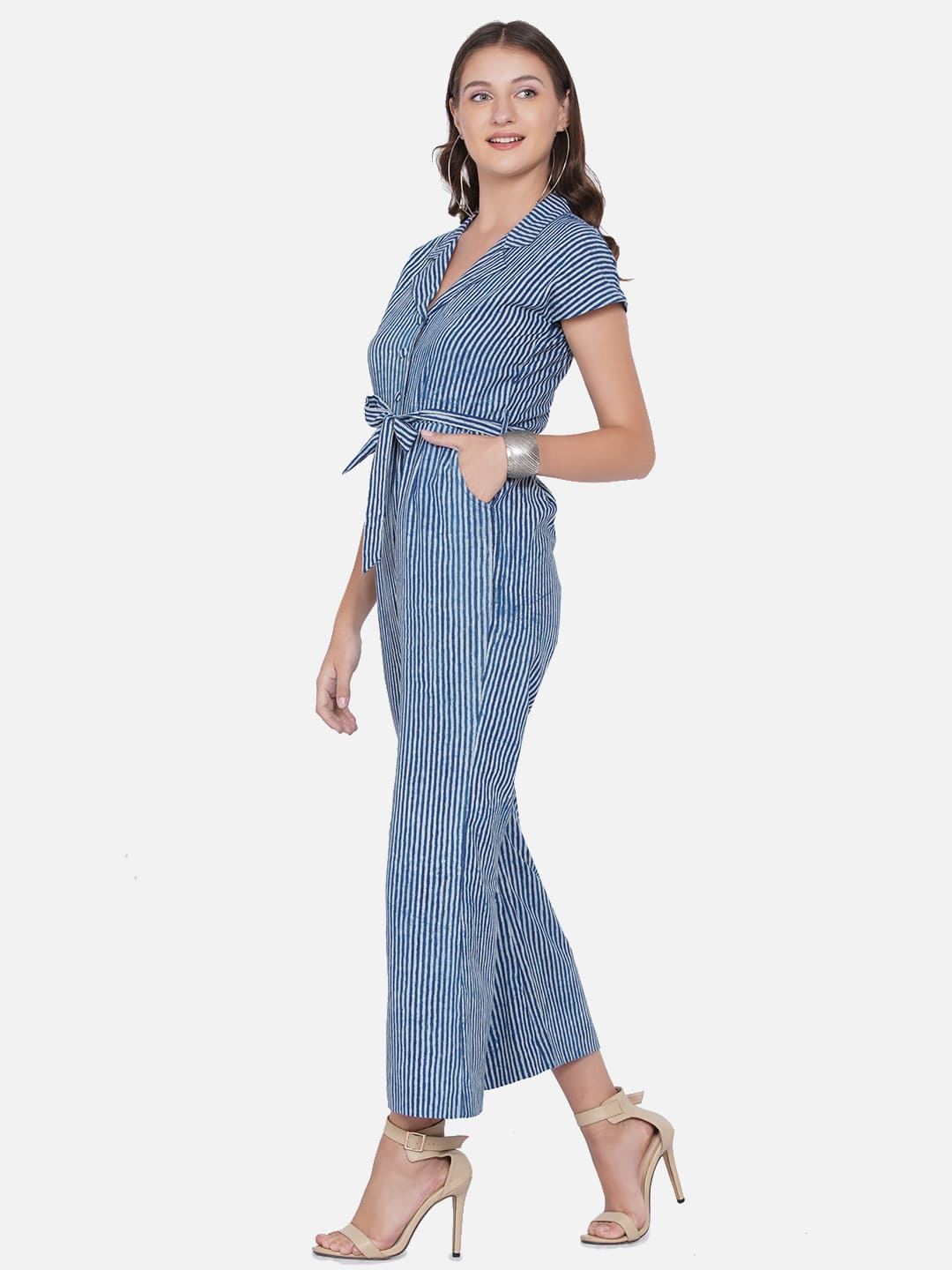 Indigo Handblock Printed Stripe Cotton Jumpsuit