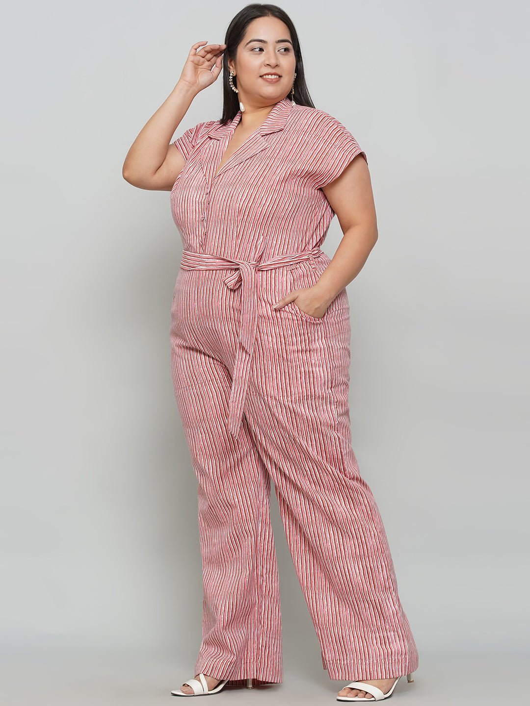 Peach Dabu Stripe Handblock Printed Cotton Jumpsuit -